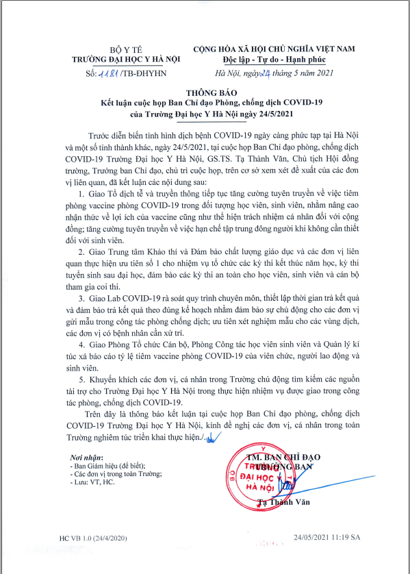 Thông báo Kết luận cuộc họp Ban Chỉ đạo Phòng, chống dịch COVID-19 của Trường Đại học Y Hà Nội ngày 24/5/2021